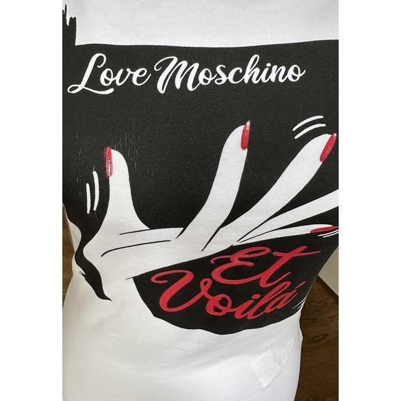 Love Moschino White Graphic Tee Et Voila Hand Print T-Shirt Size 2/38 NWT - Picture 7 of 9